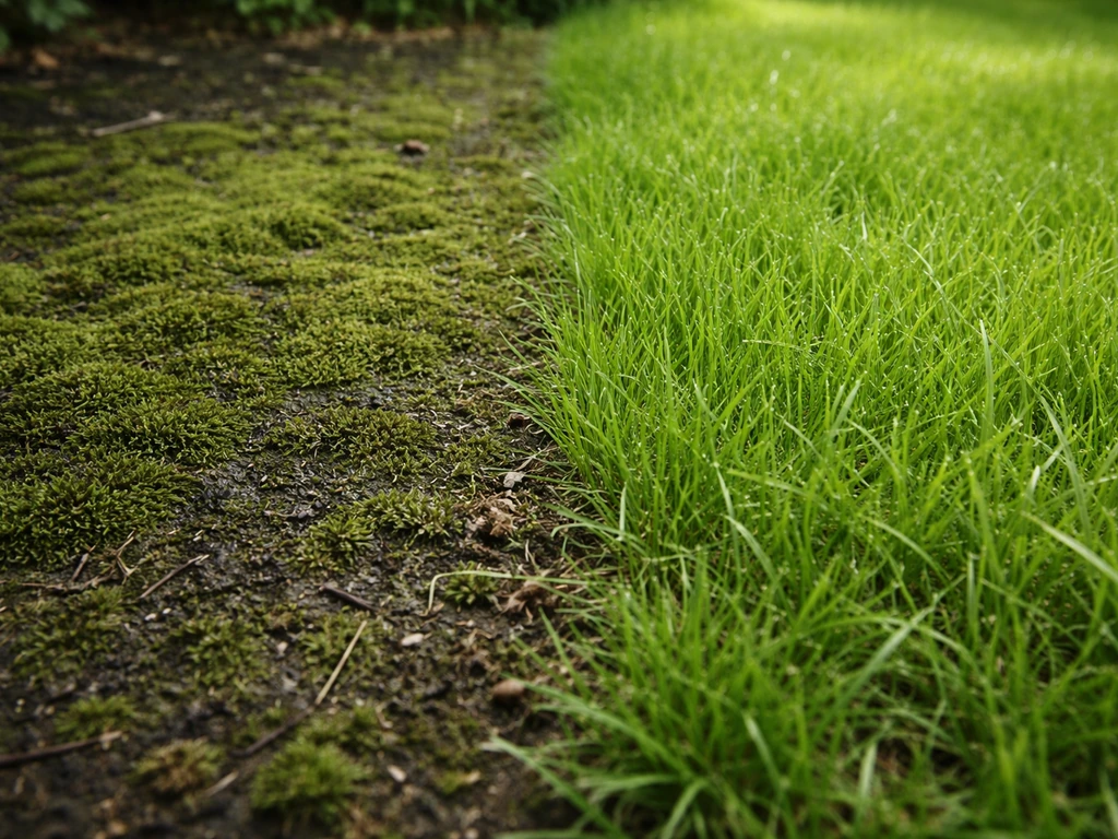 Overzicht van een tuinperk: mosplek in schaduwrijke hoek naast gezond, groen gras zonder mos.