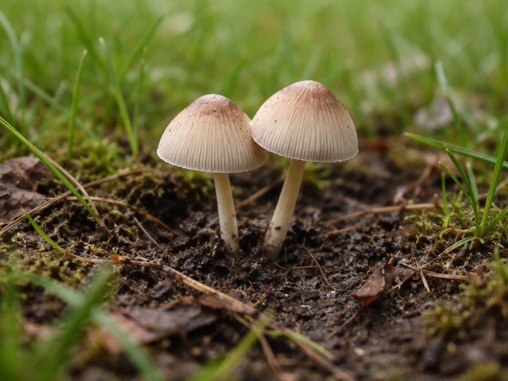 Close-up van paddenstoelen op een gazon met zichtbaar organisch rottend blad en vochtige bodemtextuur