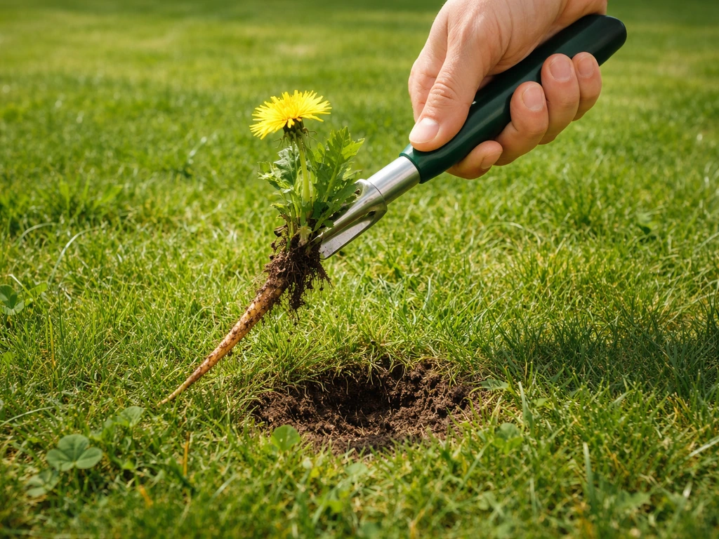 Tuinier trekt een paardenbloem met wortel uit het gazon met een onkruidsteker, kale plek klaargemaakt