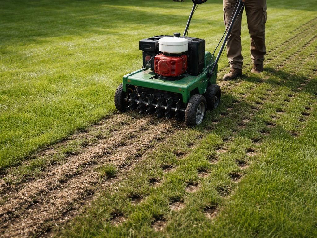 Gazon beluchten met een aeratormachine, zichtbare prikgaten en doorzaaizaad dat in de bodem valt.