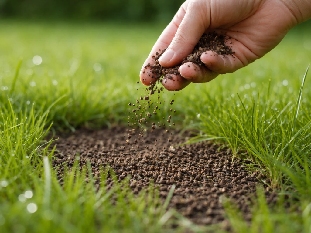 Hand strooit korrels op een gazon met groene grassprieten en donkere aarde als focus