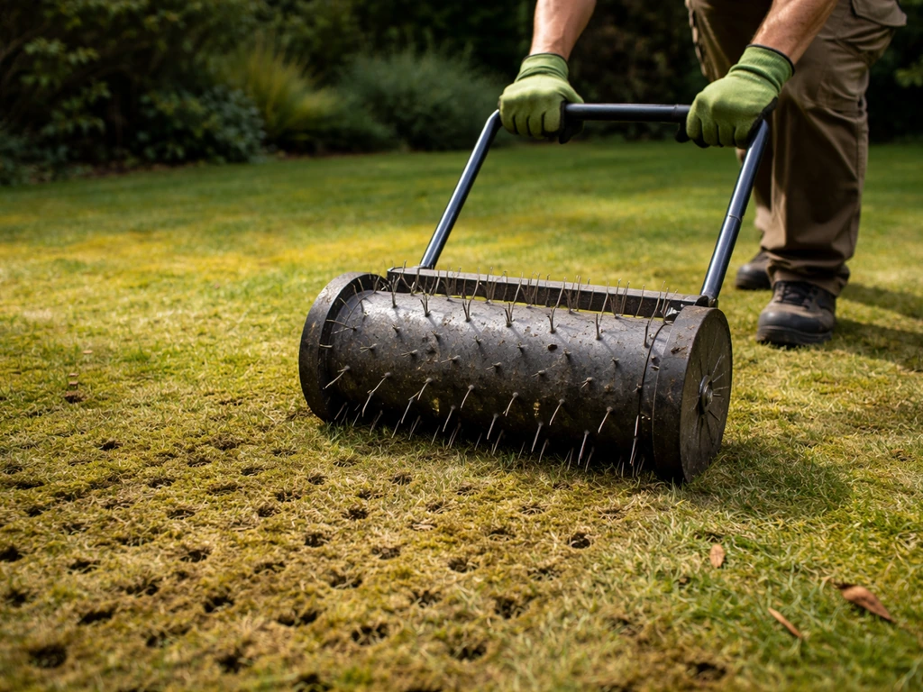 Tuinier belucht een gazon met een prikrol; zichtbare bodemtextuur en mosresten op de grasmat.