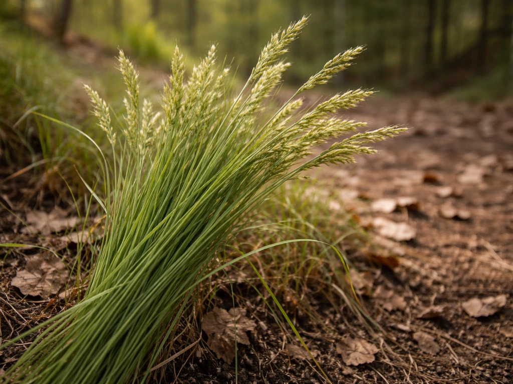 Close-up van vlechtbaar sweetgrass (Hierochloe odorata) in een natuurlijke omgeving, met zachte, warm belichte stengels.