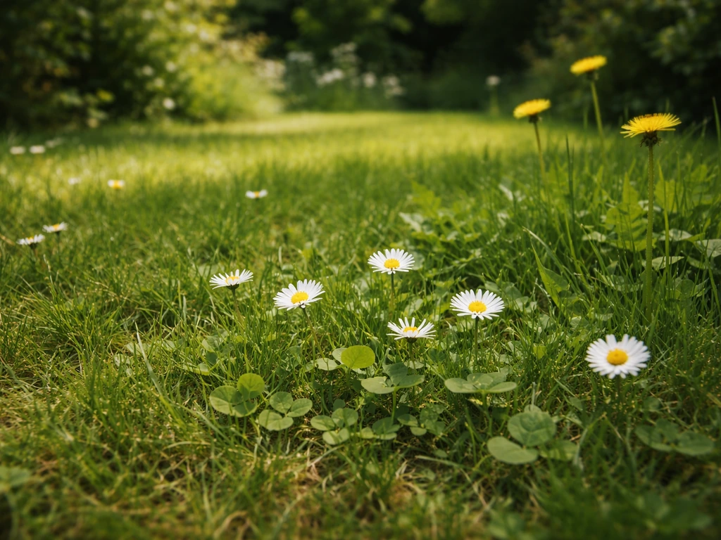 Ongeveer gemaaid gazon met klaver en madeliefjes tussen het gras in een tuin, bij natuurlijk daglicht.