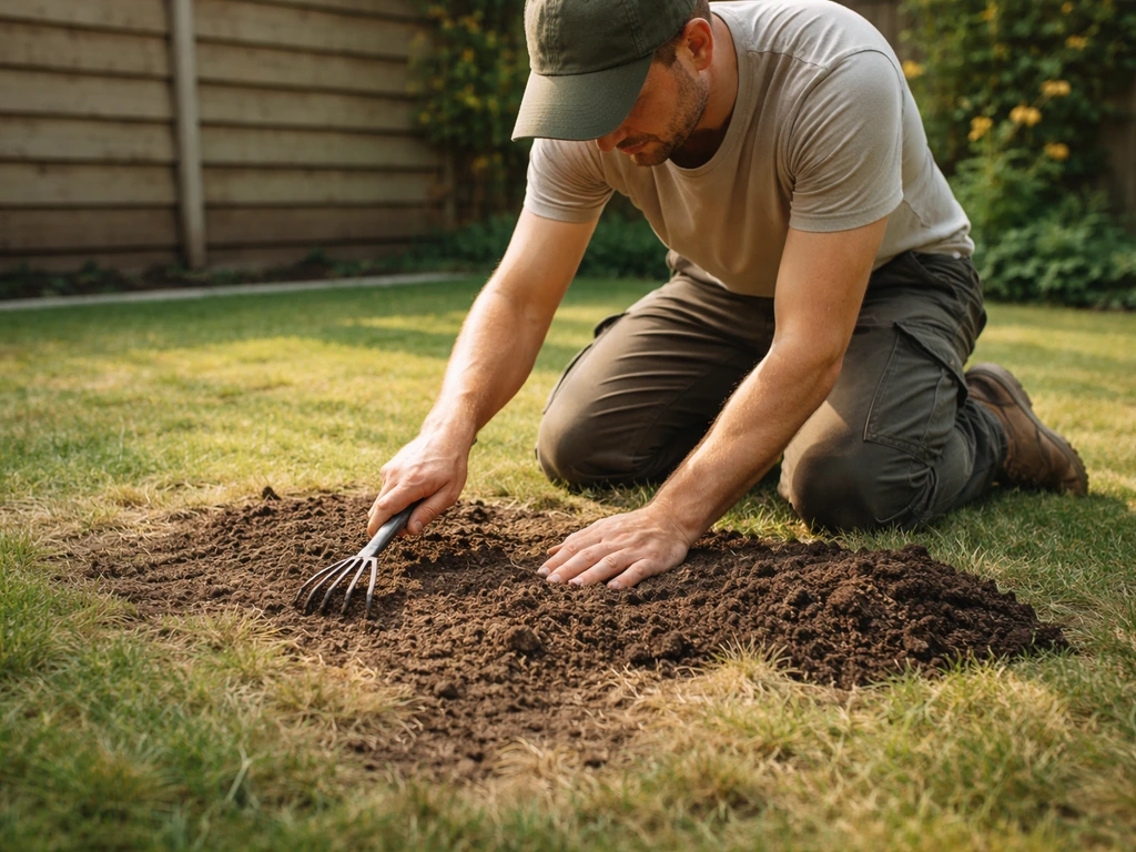 Tuinier die met de hand de grond in een Nederlandse gazonstrook voorbereidt en luchtgaten dichtmaakt