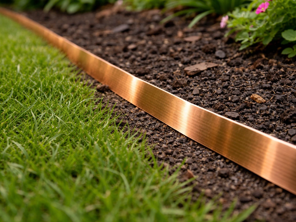 Close-up van kopertape als barrière langs de gazonrand, met een duidelijke afgebakende strook.