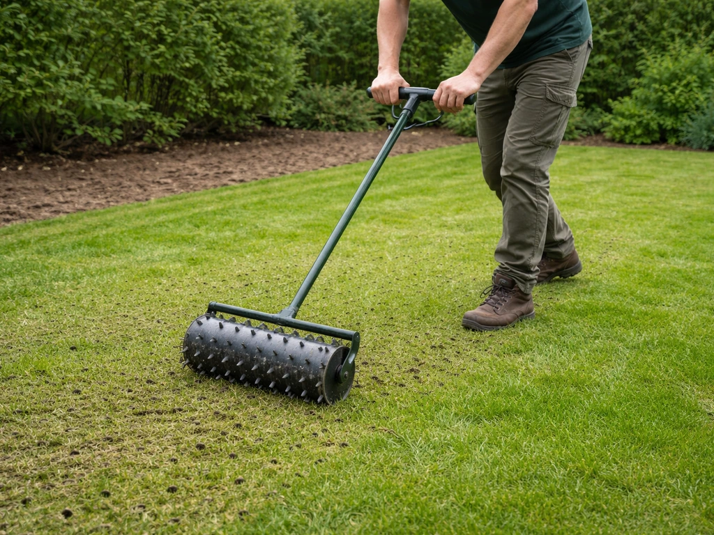 Tuinmanie bezig met een beluchter op een grasmat, met losse grasresten op de grond