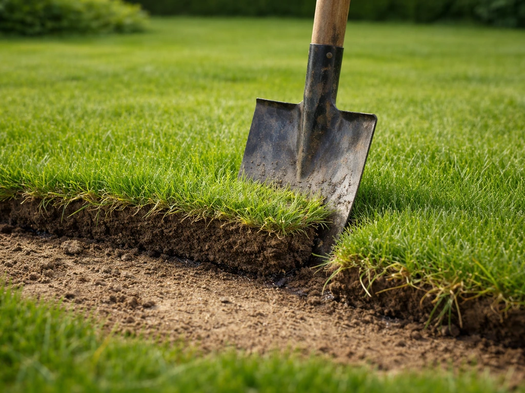 Close-up van een spade/graszodensteker die een kale strook aarde uit het gazon snijdt, met losgekomen grasrand.