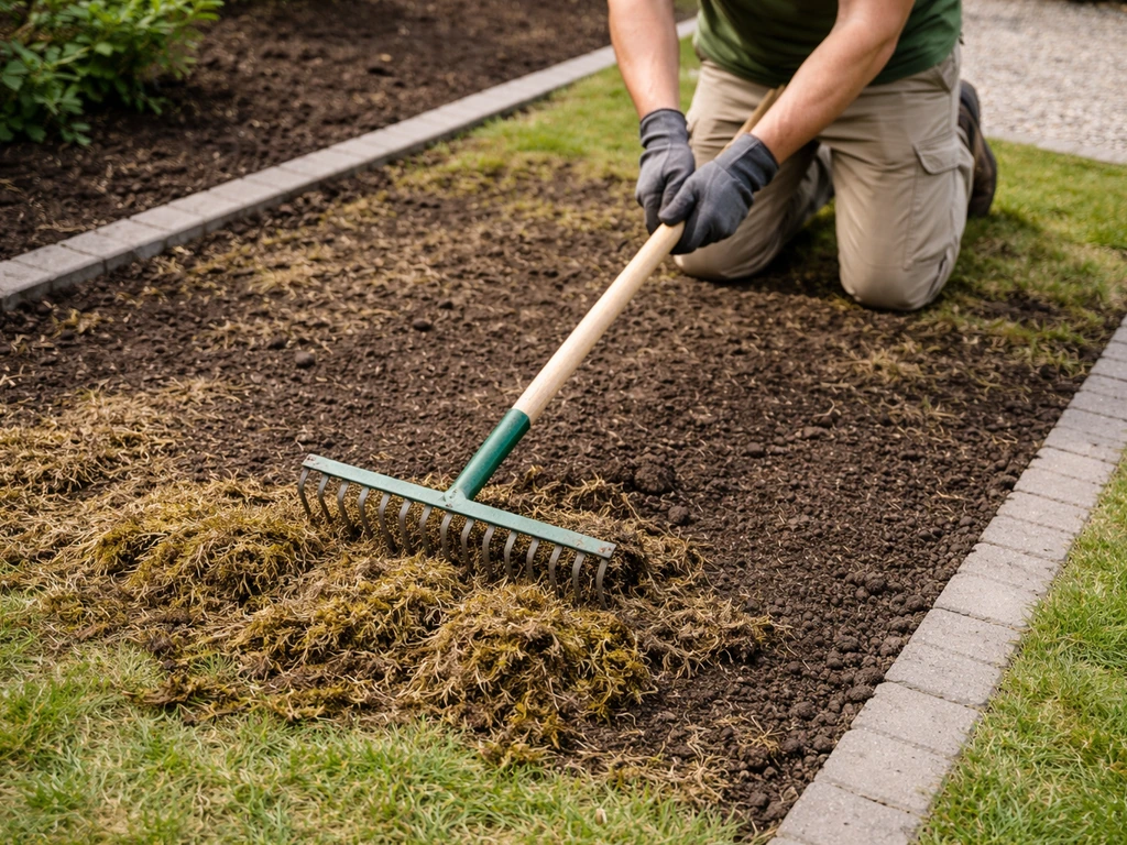 Handen en hark maken een herstelde tuinplek schoon: los dood gras en vilt weg, nette randen.