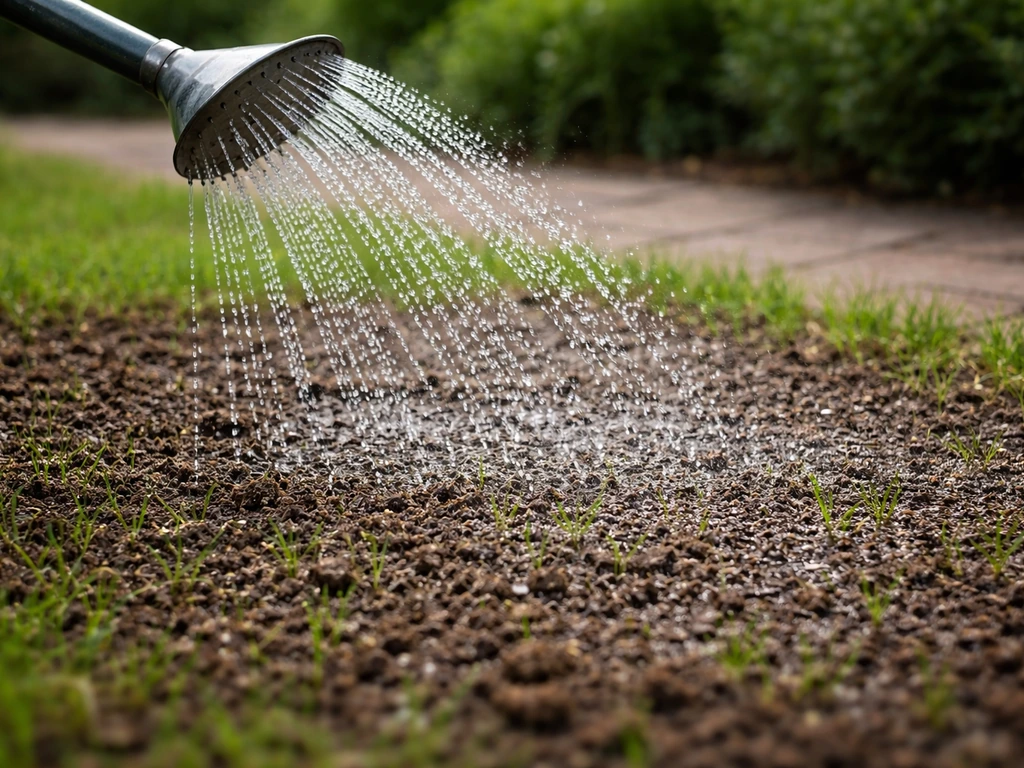 Close-up van een sproeier die gelijkmatig water geeft aan een pas ingezaaide grasplek met vochtige grond.