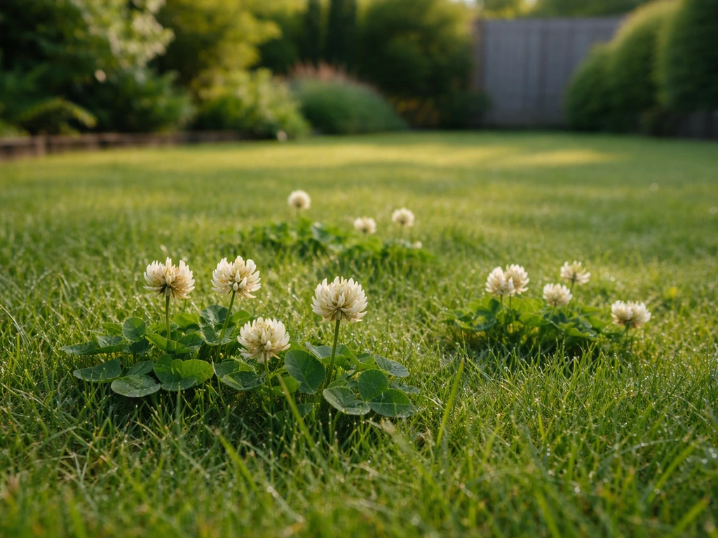 Nederlands gazon met duidelijk zichtbare klaverplukjes tussen het gras, in een rustige tuinomgeving.
