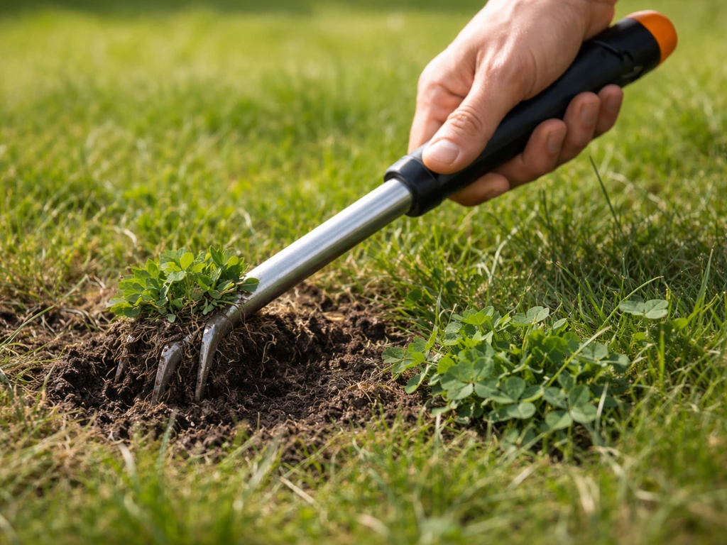 Hand die met een onkruidprikker klaverwortels uit de grond losmaakt, aarde en groen gras zichtbaar.