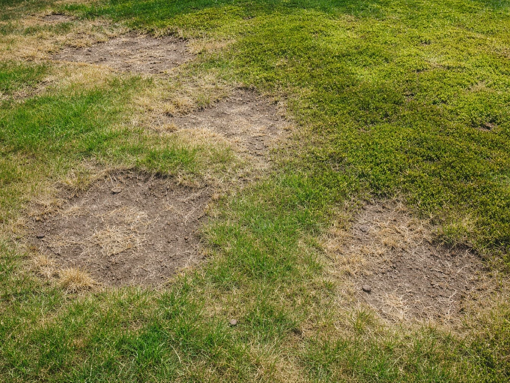 Scherpe foto van een gazon met kale bruine plekken en mosrijke zones, met duidelijke verschillen in textuur.