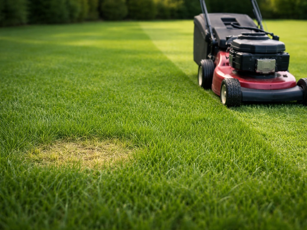 Grasmaaier die over een groen gazon rijdt op ca. 4–5 cm, met iets langer gras rond een kale plek.