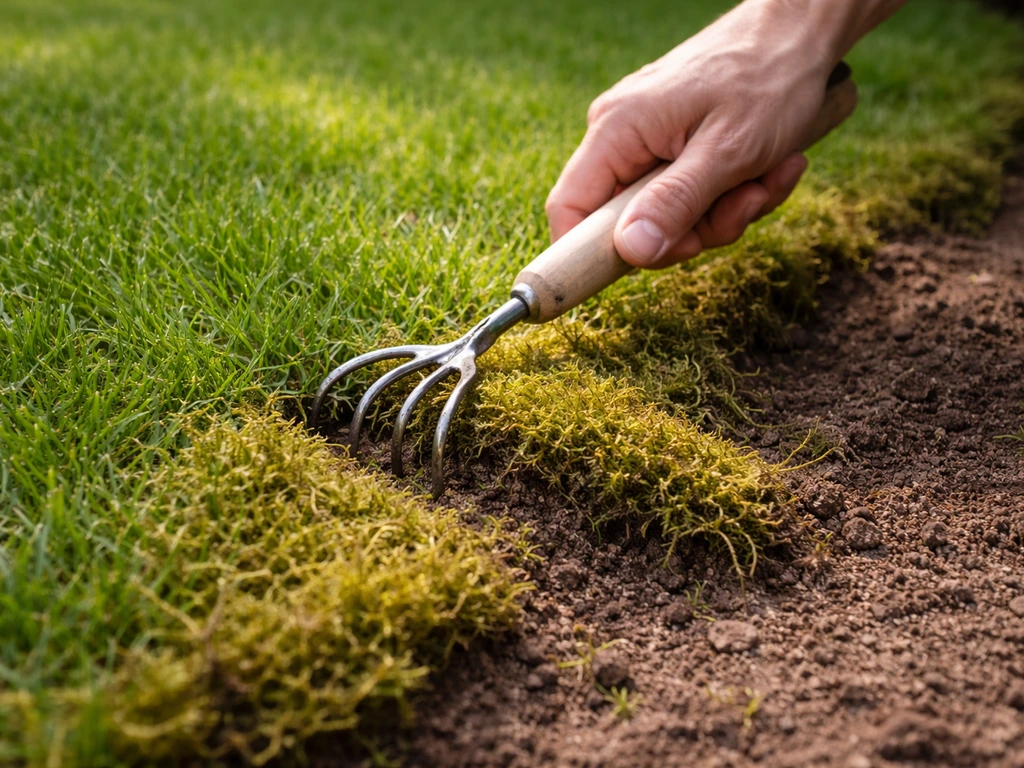 Hand die mos van grasrand weghaalt met kleine hark, gezond groen gras ernaast in natuurlijk licht.