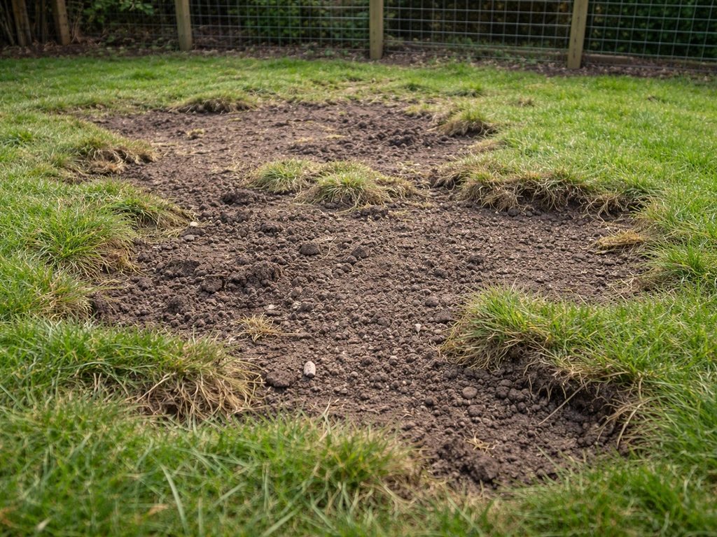 Beschadigd gazon met kale plekken en uitgeschraapte zode door kippen, zonder kippen in beeld.