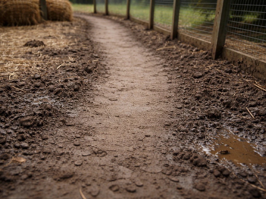 Kippenren met modderige loopstroken en verdichte grond langs vaste paden