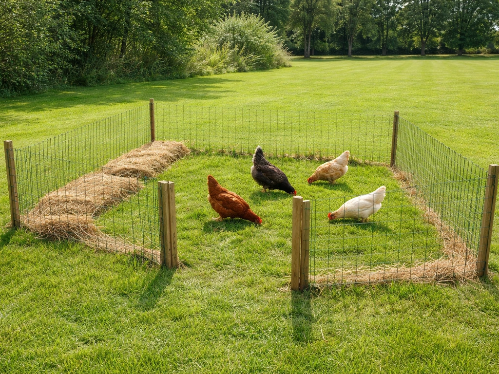 Kippen grazen in een lage omheinde paddock op een groen gazon, duidelijk afgebakende graszone.