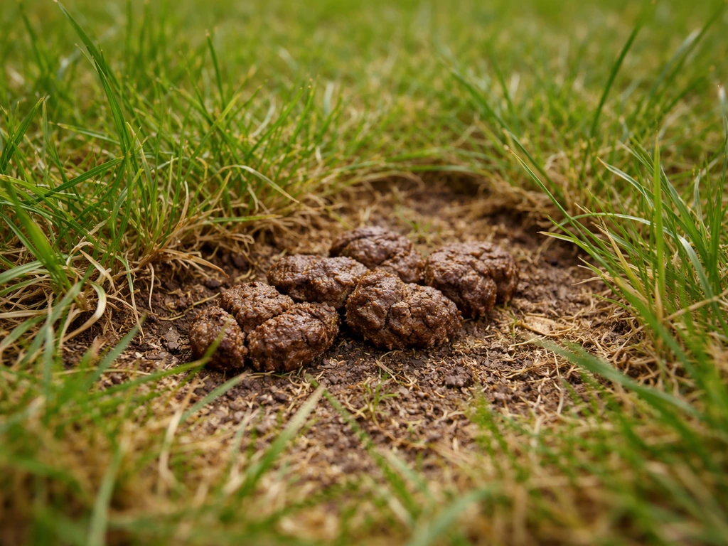 Close-up van uitwerpselen op en naast een gazon met grasprieten eromheen, duidelijk mestsporen.