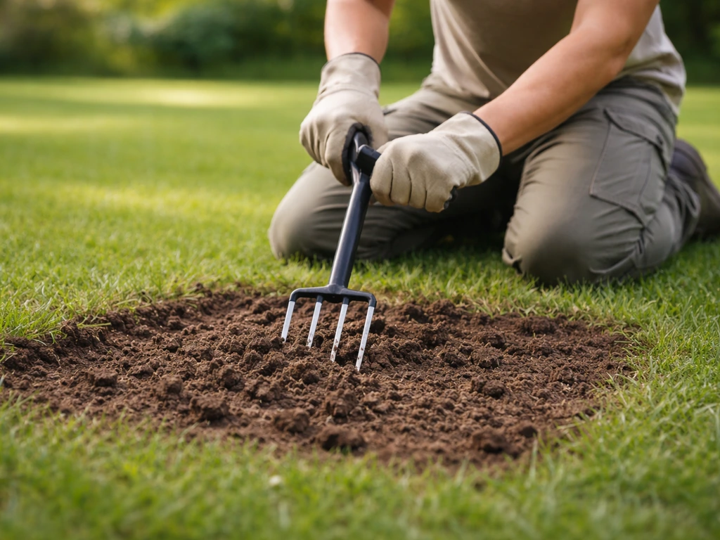 Man belucht een gazon met een prikgarde op een herstelde plek; verdichte grond wordt losgemaakt.
