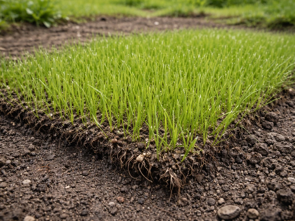 Nieuw opkomend gras in een herstelde kale plek, met stevig vastzittende graszode.