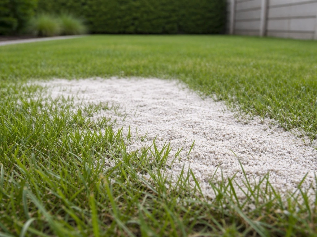 Nederlands gazon met een duidelijk witte, korrelige laag op een deel van het gras (wit zand over gras).