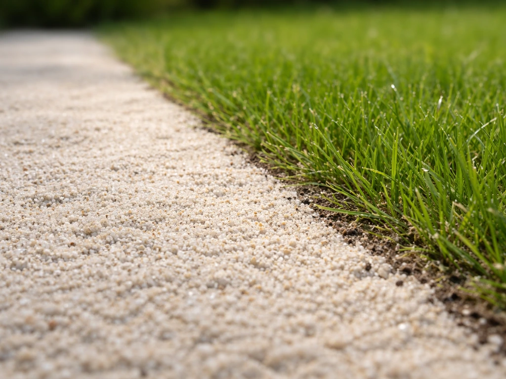 Close-up van wit/geelwit topdressing- of kalkzandlaagje op gras, met zichtbare scheiding tussen grond en gras.
