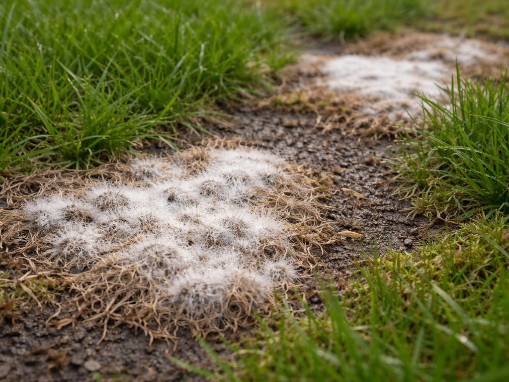 Groene en bruine graspolletjes met witachtig schimmelpluis en duidelijke vochtige droogteplekken