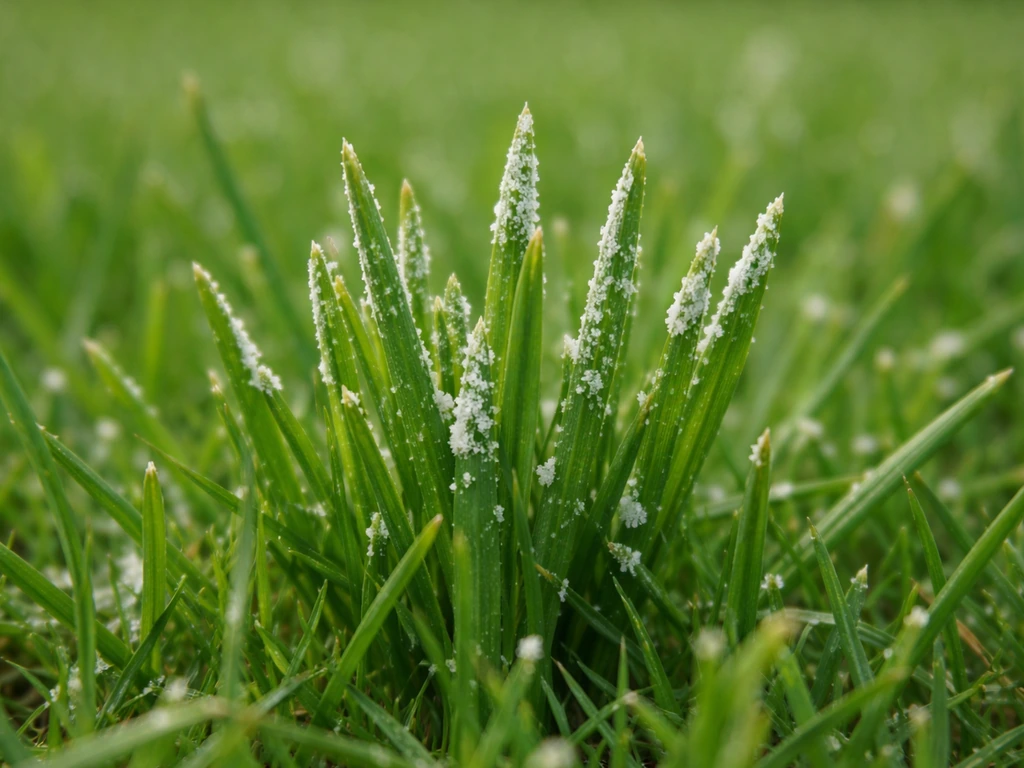 Close-up van grasblaadjes met witte, poederige plekken die op meeldauw lijken.