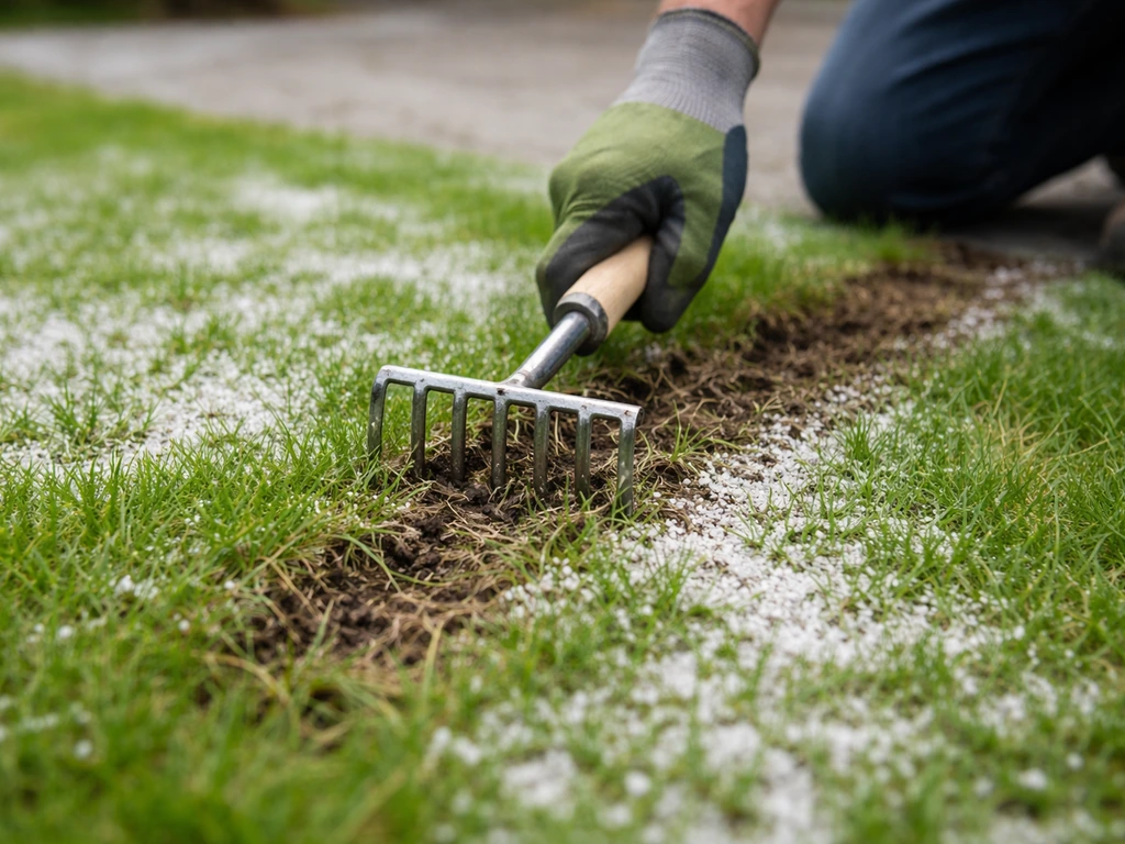 Gazon met witte zandkorrels, een hark/loswoeler maakt de bovenlaag los en haalt het zand weg.