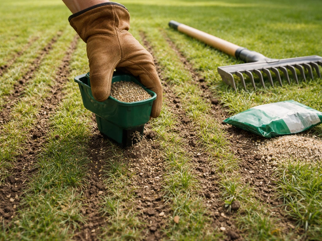 Hand strooit zaad en mest op een net belucht en verticuteerd gazonvlak met gereedschap ernaast.