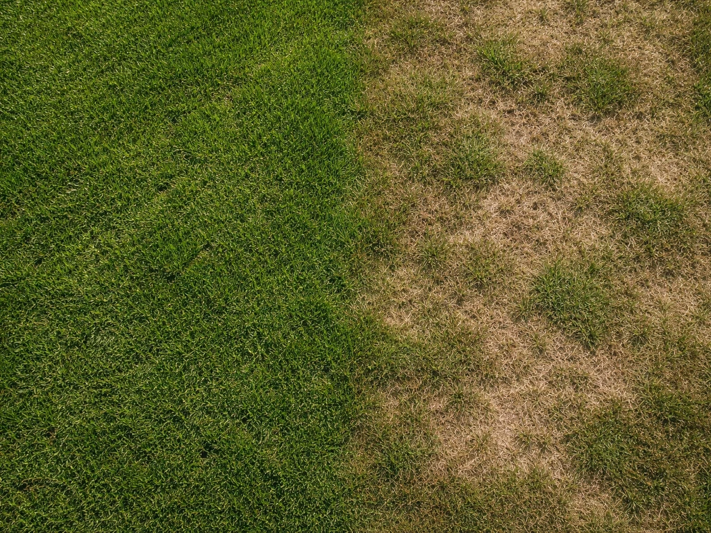 Een ongelijk groen gazon: één deel fris groen en een ander deel met bruine/kale plekken.