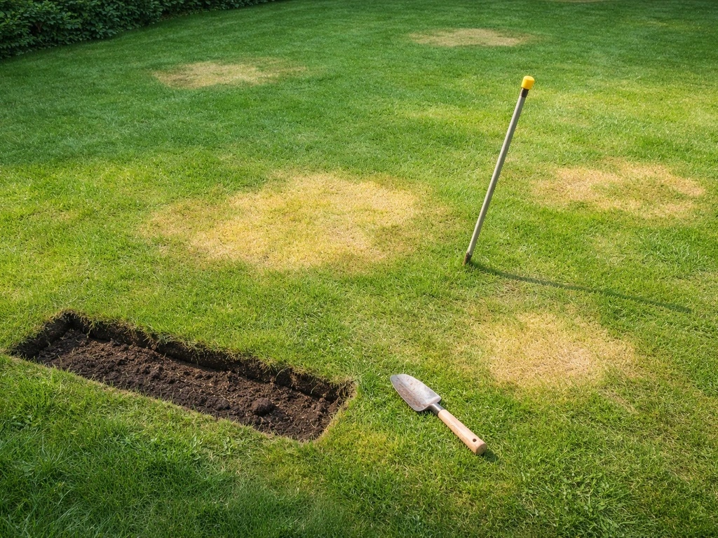 Bovenaanzicht van een gazon met bleek/geel gras en een schep en meetstok bij een plek