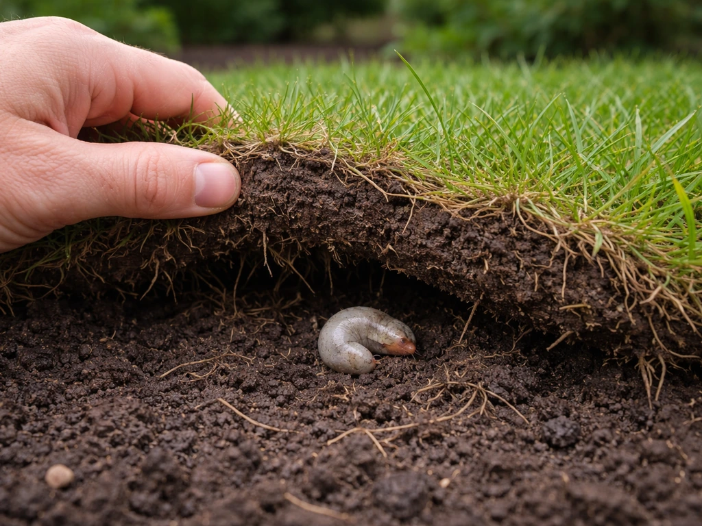 Losgehaalde graszode met zichtbare beschadigde wortels en een verdachte larve in de bodemlaag