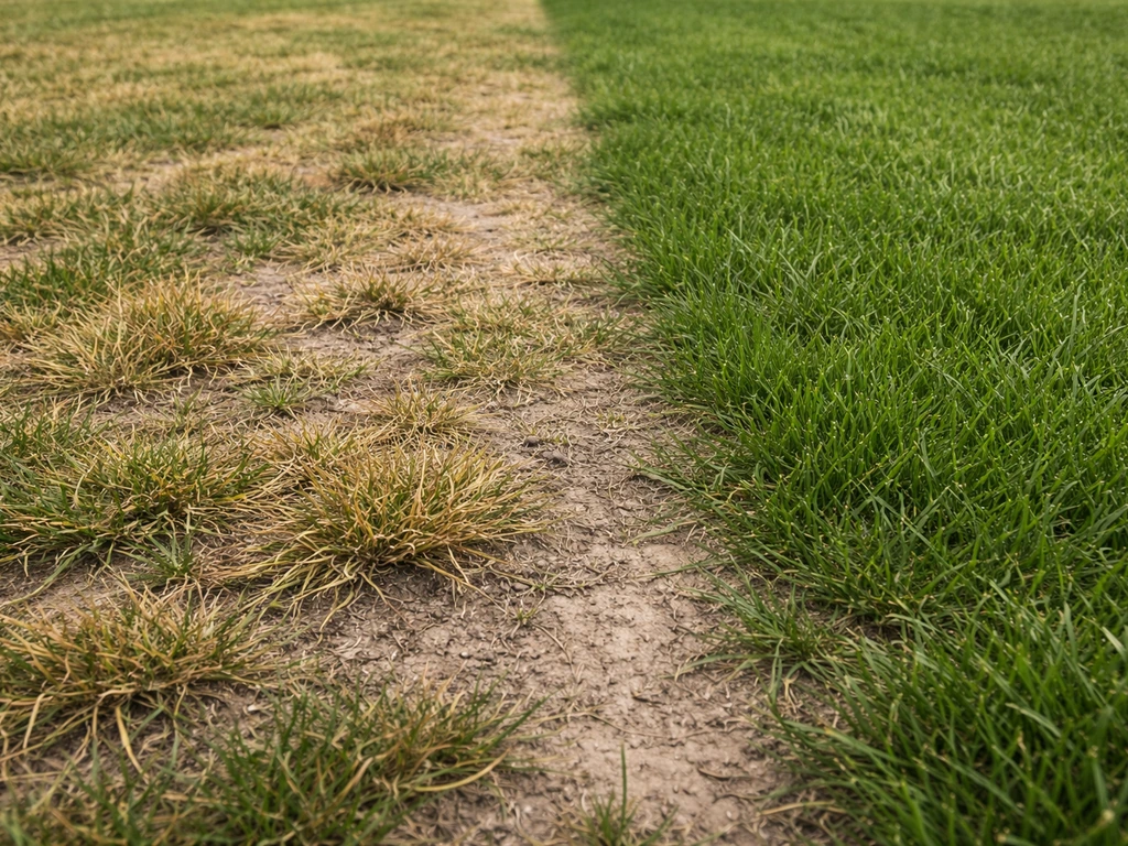 Links gele/verbrande grasplekken door mestbrand, rechts groen en gezond gras, vlak gazon in natuurlijk licht.