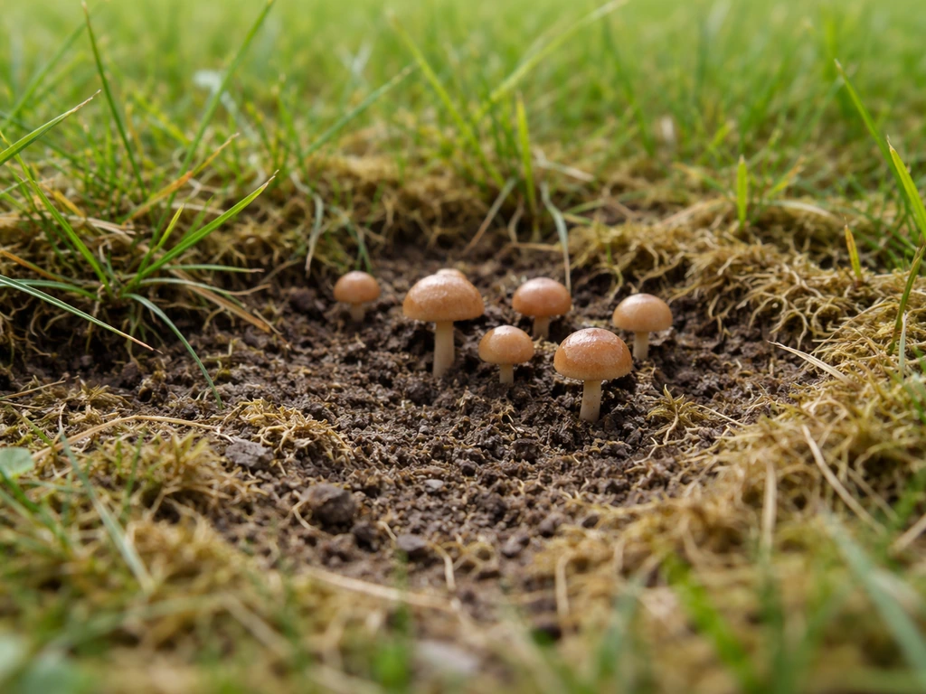 Close-up van paddenstoelen en een viltige plek in het gazon, met vochtige bodemtextuur zichtbaar.