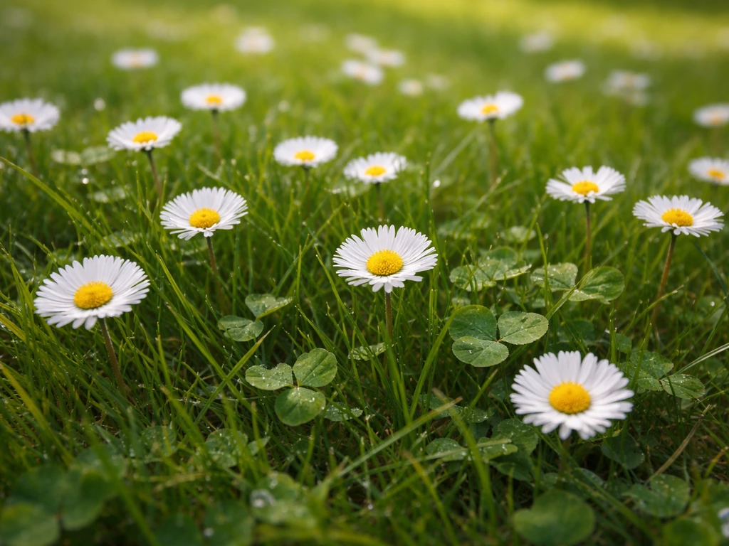 Close-up van een bloemrijk gazon met madeliefjes en klaver tussen het gras, in natuurlijk ochtendlicht.