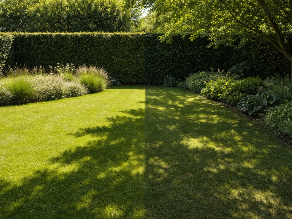 Tuin met een zonnige strook gazon en een halfschaduw plek met duidelijk andere beplanting