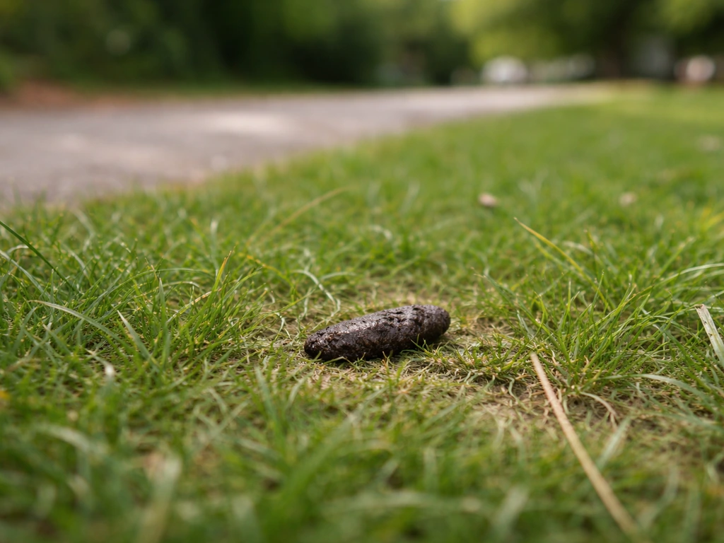 Close-up van gras in een park met een kleine zichtbare markering die op uitwerpselen/urine wijst en ‘niet eten’ sfeer.