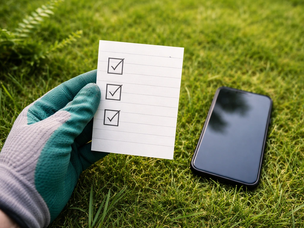 Hand met tuinhandschoen en checklist/telefoon boven een groen grasveld met veilige tuincontrole