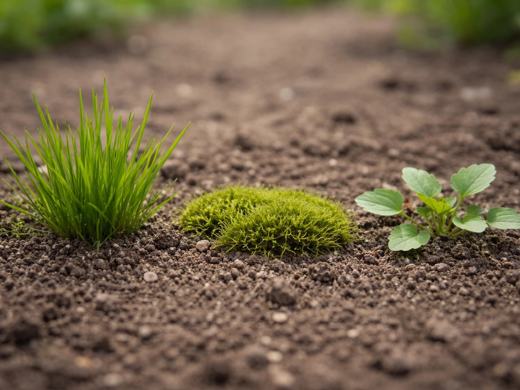 Close-up van een kale tuinplek met smalle grassprieten, mospolletjes en onkruidblad naast elkaar.