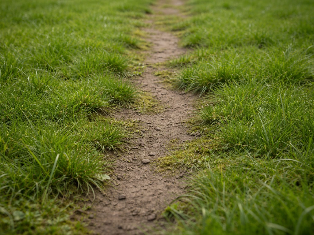 Bodemsporen in het gazon met verspringende gras- en mosplekken, duidelijk samengedrukte grond door betreding.