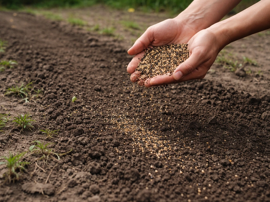 Twee anonieme handen strooien zaadmengsel en strooisel op kale grond in een tuin, direct herstel.