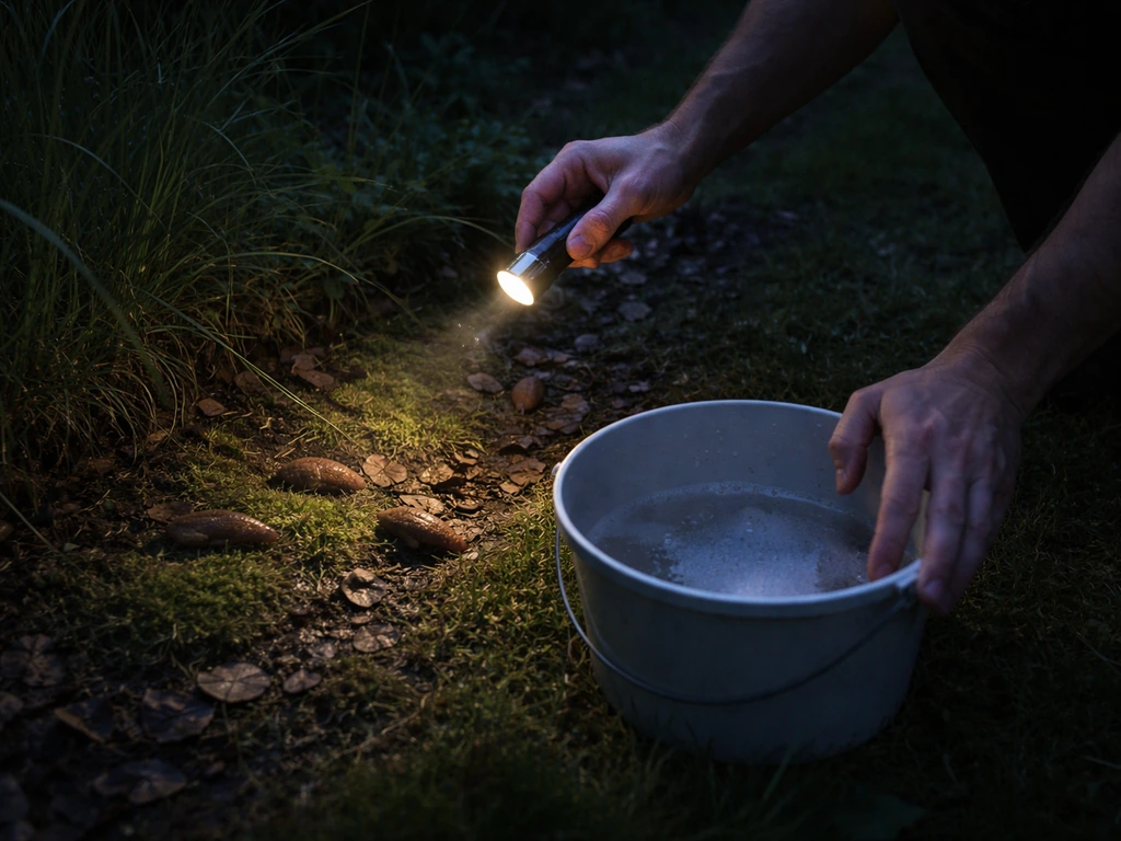 Avond in de tuin: zaklamp verlicht een grasrand en een emmer met zout/zeepwater staat klaar