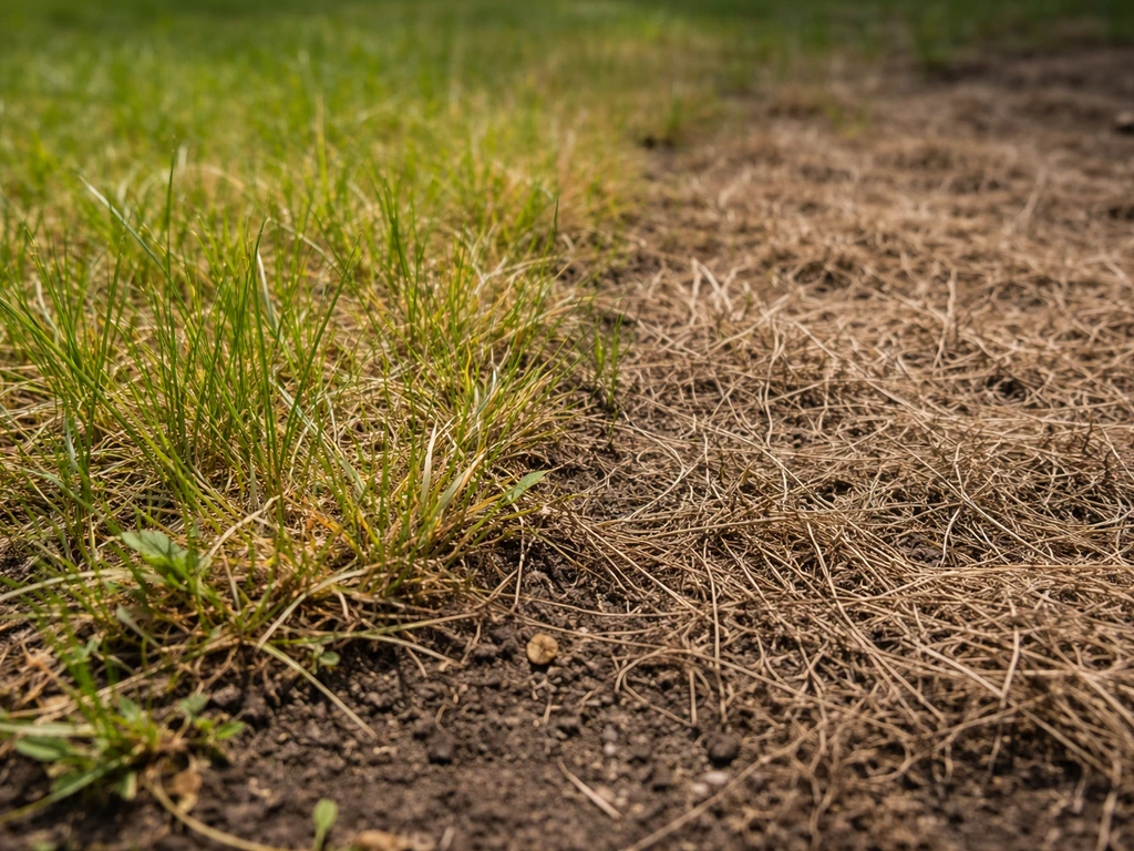 Close-up van twee stukjes gazon: bruingeel gras met levende sprieten naast duidelijk dood, licht veerkracht kwijt