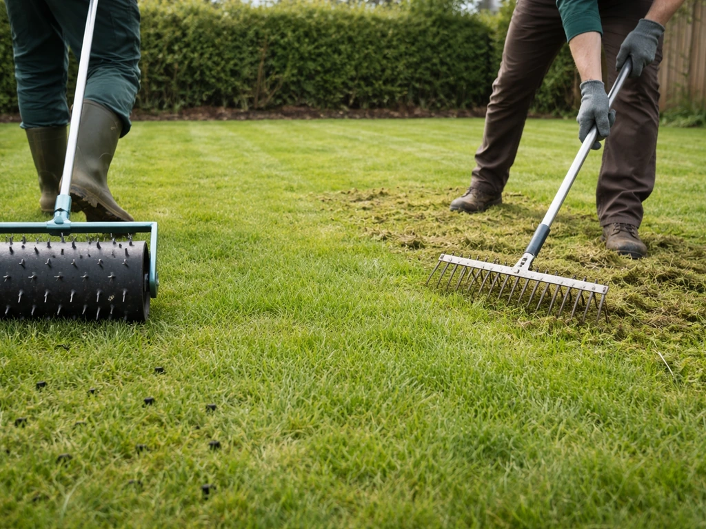 Verticutten en beluchten op hetzelfde gazon: verticuteerhark in het gras en een prikrol naast het werk.