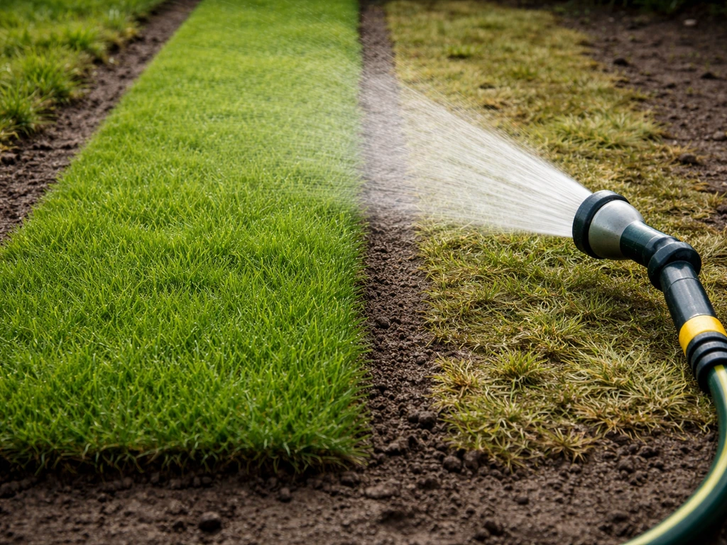 Beregeningsslang geeft gelijkmatig water op een herstelde grasstrook, met licht afwijkende buurstrook.