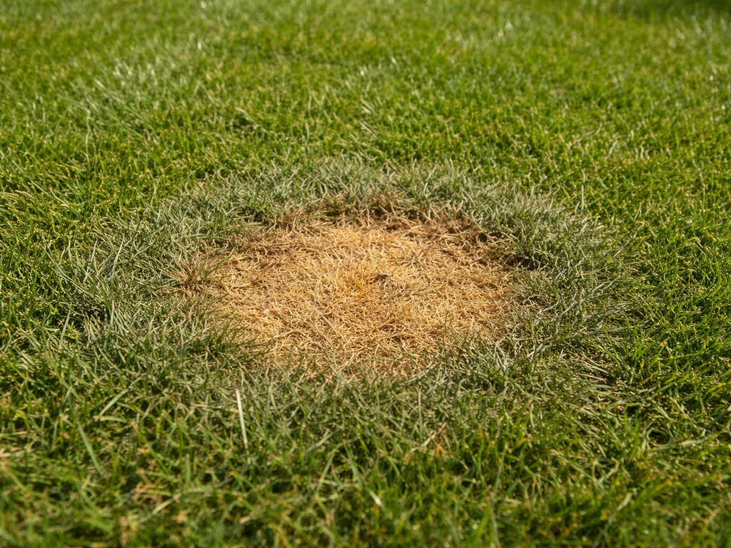 Close-up van een urineplek op gras: bruine/gele kern met ring van afgezwakt, grijsgroen gras.