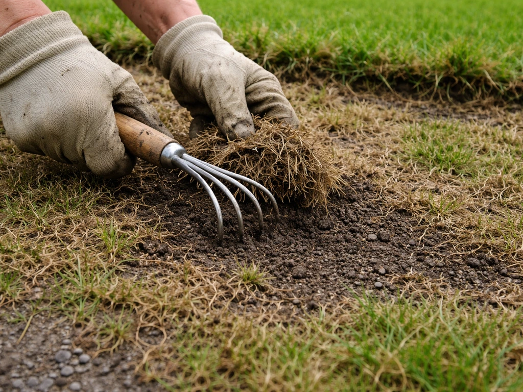 Tuinier die afgestorven graspolletjes losmaakt en de donkere bodem zichtbaar maakt na het spoelen