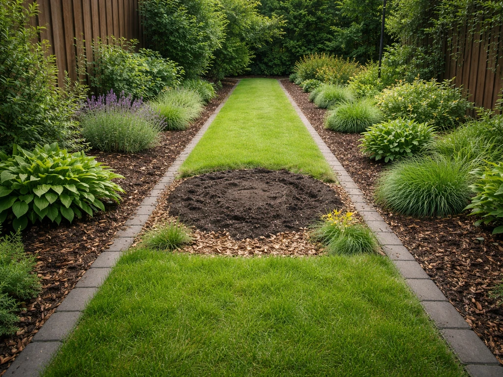 Een rustige achtertuin met aangepast onderhoudspatroon langs looproutes en gazonranden, met planten en afscherming
